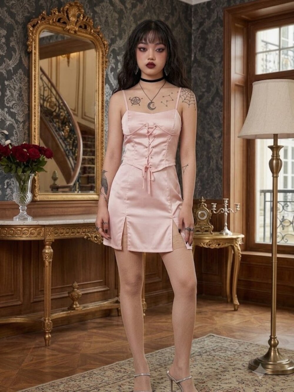 Satin Lace-Up Corset Mini Dress in Pale Blush